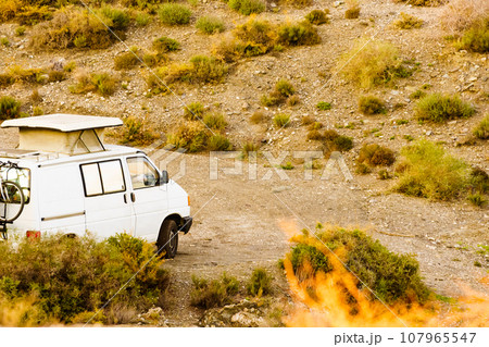 Van with roof top tent camping on nature Van with roof top tent camping on nature 107965547
