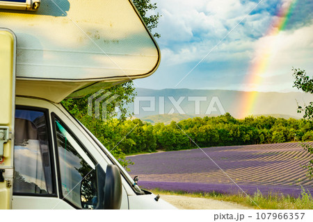 Caravan camp at lavender field, France 107966357