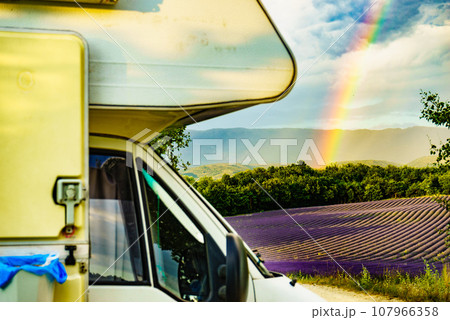 Caravan camp at lavender field, France 107966358