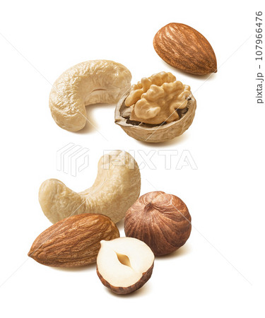 Walnut, cashew, almond, hazelnut nut set isolated on white background Walnut, cashew, almond, hazelnut nut set isolated on white background 107966476