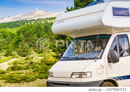 Caravan in mountains. Mont Ventoux in the distance. Provance Caravan in mountains. Mont Ventoux in the distance. Provance 107966555