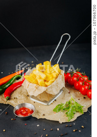Tasty French fries served with diferent dip souces and vegetables on dark background Tasty French fries served with diferent dip souces and vegetables on dark background 107966700