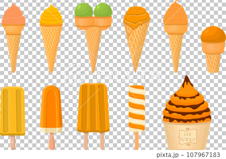 big kit ice cream popsicle different types in cone waffle cup 107967183