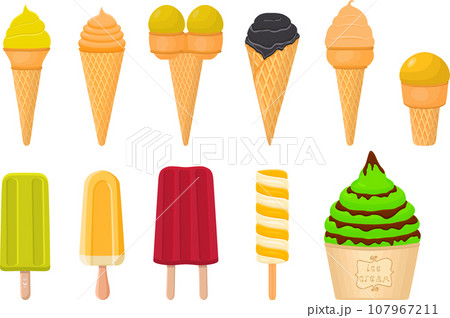 big kit ice cream popsicle different types in cone waffle cup 107967211