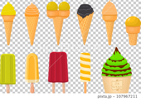 big kit ice cream popsicle different types in cone waffle cup 107967211