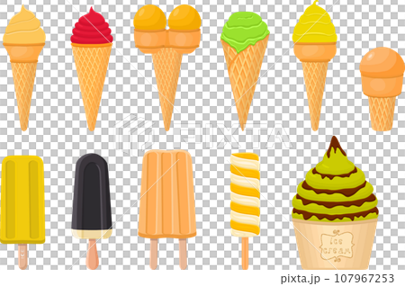 big kit ice cream popsicle different types in cone waffle cup 107967253