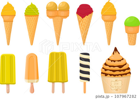 big kit ice cream popsicle different types in cone waffle cup 107967282