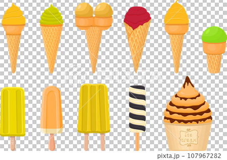 big kit ice cream popsicle different types in cone waffle cup 107967282