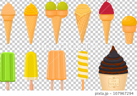 big kit ice cream popsicle different types in cone waffle cup 107967294
