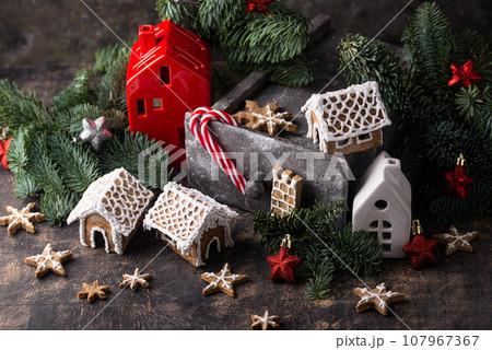 Christmas gingerbread house. Festive cookies. Christmas gingerbread house. Festive cookies. 107967367