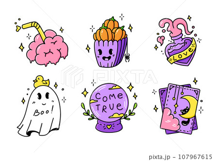 Set Halloween cartoon hand drawn stickers. Collection pumpkin, tarot cards, brain, potion, ghost, 107967615