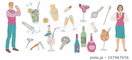 Male and female bartender with drinks, set elements about bar, cocktails, ice, corkscrew, shaiker, barman tools Male and female bartender with drinks, set elements about bar, cocktails, ice, corkscrew, shaiker, barman tools 107967656