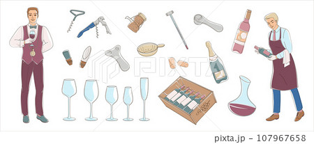Sommelier or Stewards Wine Degustation. Set elements about wine tasting. wine Bottles, glasses, corks, corkscrew, vine experts tools 107967658