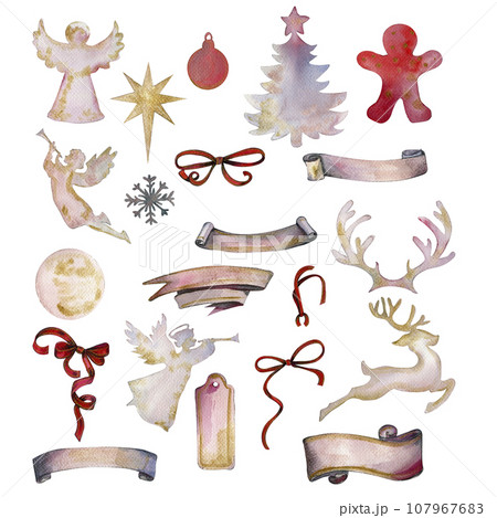 Christmas silhouette of angels and deer. Watercolor Christmas hand drawn illustration of ribbons, bows and stickers for cards, backgrounds, scrapbooking and your design.Perfect for wedding invitation. Christmas silhouette of angels and deer. Watercolor Christmas hand drawn illustration of ribbons, bows and stickers for cards, backgrounds, scrapbooking and your design.Perfect for wedding invitation. 107967683