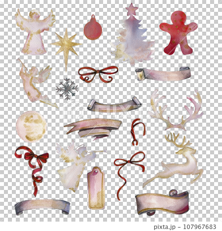 Christmas silhouette of angels and deer. Watercolor Christmas hand drawn illustration of ribbons, bows and stickers for cards, backgrounds, scrapbooking and your design.Perfect for wedding invitation. Christmas silhouette of angels and deer. Watercolor Christmas hand drawn illustration of ribbons, bows and stickers for cards, backgrounds, scrapbooking and your design.Perfect for wedding invitation. 107967683