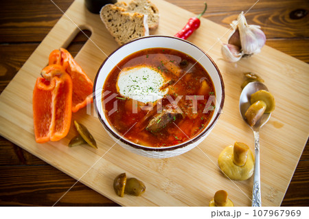 Cooked vegetarian beetroot soup with mushrooms and other vegetables in a bowl with spices. 107967969