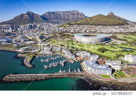 Aerial view of Cape Town Stadium, Kaapstad-stadion, Green Point, in Western Cape, South Africa Aerial view of Cape Town Stadium, Kaapstad-stadion, Green Point, in Western Cape, South Africa 107968037