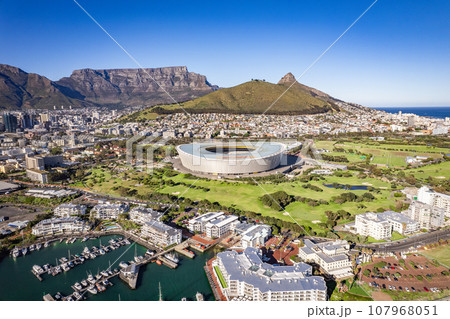 Aerial view of Cape Town Stadium, Kaapstad-stadion, Green Point, in Western Cape, South Africa 107968051