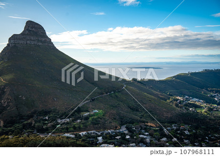 View of Lion's head from Kloof Corner hike at sunset in Cape Town, Western Cape, South Africa 107968111