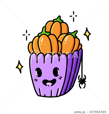 Orange pumpkins in a creepy basket and spider on a web. Popcorn for Halloween 107968389