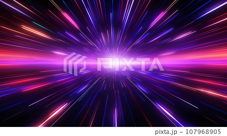 Purple and pink neon glow laser beam explosion, cyber and sci fi concept illustration, futuristic abstract background. Generative AI Purple and pink neon glow laser beam explosion, cyber and sci fi concept illustration, futuristic abstract background. Generative AI 107968905