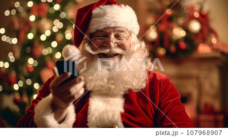 Santa Claus smiling happily using applications on smartphone in the living room, technology and lifestyle concept Christmas background. Generative AI Santa Claus smiling happily using applications on smartphone in the living room, technology and lifestyle concept Christmas background. Generative AI 107968907