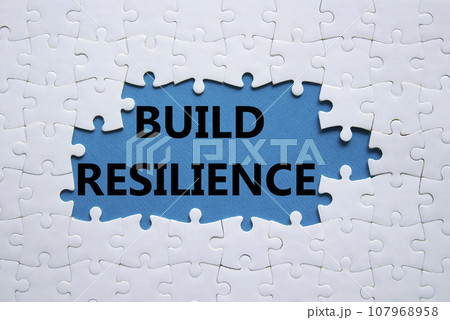 Build resilience symbol. White puzzle with words Build resilience. Beautiful blue background. Business and Build resilience concept. Copy space. 107968958