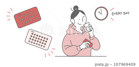 低用量ピルを服用する女性のイメージイラスト素材 107969409