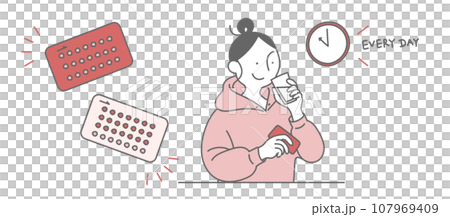 Image illustration material of a woman taking a low-dose pill 107969409