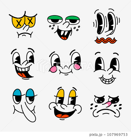 Retro cartoon characters funny faces. Groovy vintage 30s 60s 70s smiley mascots with various emotions 107969753