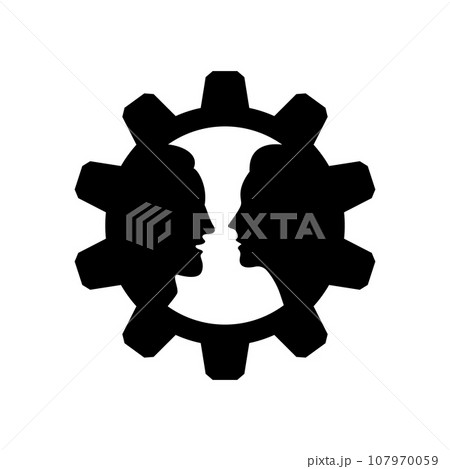 A man and a woman head silhouettes inside gear wheel. Vector clipart and drawing. Black and white isolated illustration. A man and a woman head silhouettes inside gear wheel. Vector clipart and drawing. Black and white isolated illustration. 107970059