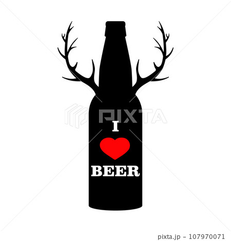 Beer bottle with red heart and deer horns. I love beer.  107970071