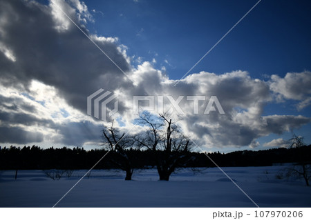 青い空の下で太陽に照らされた分厚い雲の下の寂し気な雪原の風景 青い空の下で太陽に照らされた分厚い雲の下の寂し気な雪原の風景 107970206