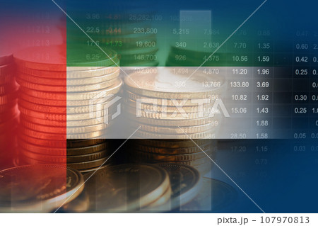 United Arab Emirates flag with stock market finance, economy trend graph digital technology. 107970813