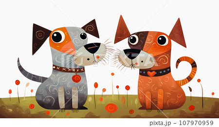 Two funny cartoon dogs sitting outside, wearing collars. Childrens drawing of 2 furry friends hanging out outdoors 107970959