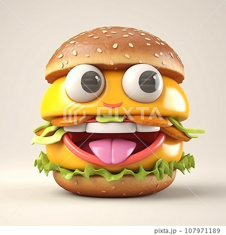 Hamburger, funny cute cartoon food 3d illustration on white background, creative avatar 107971189