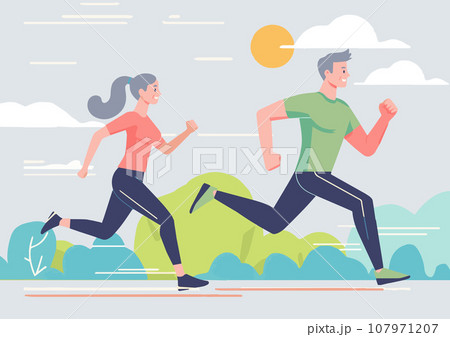 ランニングをするシニア夫婦・緑背景 107971207