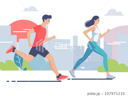 ランニングをする男女のカップル・街並み背景 107971210