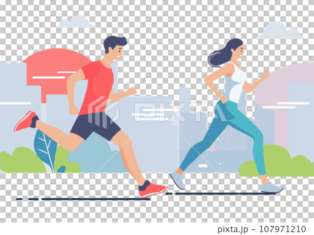 ランニングをする男女のカップル・街並み背景 107971210
