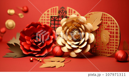Paper craft peony flower and ornaments in red and gold colors, lunar new year Chinese new year background. Generative AI 107971311