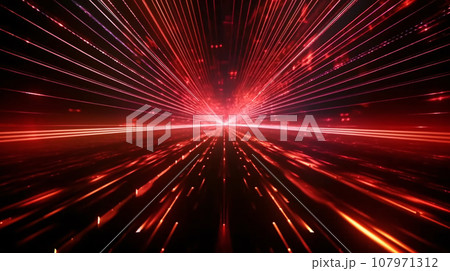 Red neon glow laser beam explosion, cyber and sci fi concept illustration, futuristic abstract background. Generative AI 107971312