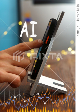 Man with phone in hand slipping. Future Artificial Intelligence concept. Vertical photo Man with phone in hand slipping. Future Artificial Intelligence concept. Vertical photo 107971810