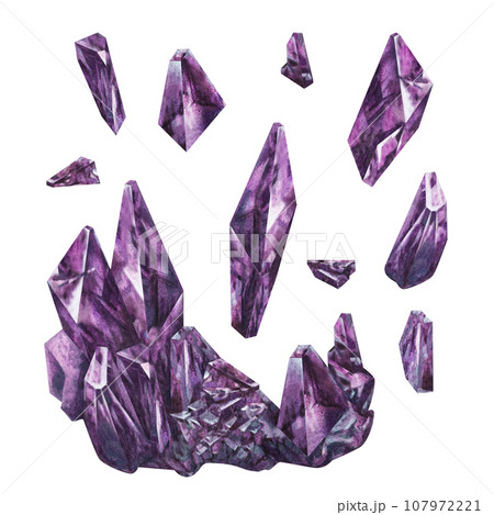 Watercolor purple amethyst for horoscope, sacred health, alchemy, magic, birthday, Valentine's Day, Halloween Watercolor purple amethyst for horoscope, sacred health, alchemy, magic, birthday, Valentine's Day, Halloween 107972221