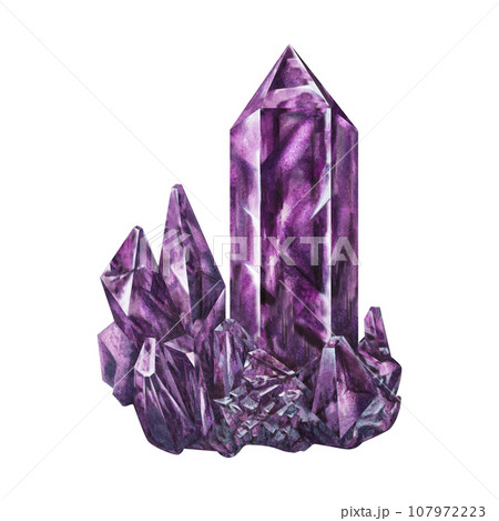 Watercolor purple amethyst for horoscope, sacred health, alchemy, magic, birthday, Valentine's Day, Halloween Watercolor purple amethyst for horoscope, sacred health, alchemy, magic, birthday, Valentine's Day, Halloween 107972223