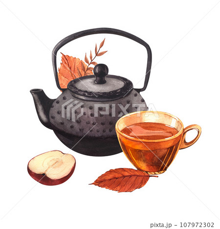 Brewed black tea in glass cup and teapot with autumn leaves, apple. Watercolor hand-drawn illustration isolated on white background. Perfect for menu, cooking, packing, card 107972302