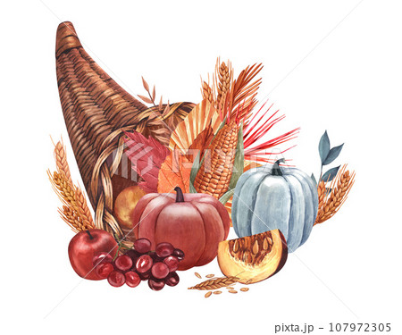 Watercolor cornucopia (horn of plenty) with pumpkin and vegetable. Hand-drawn illustration isolated on white background. Perfect for menu cafe, template food, cooking, packing food, card thanksgiving Watercolor cornucopia (horn of plenty) with pumpkin and vegetable. Hand-drawn illustration isolated on white background. Perfect for menu cafe, template food, cooking, packing food, card thanksgiving 107972305