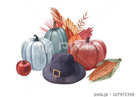 Watercolor pumpkin, hat pilgrim, corn and vegetable. Hand-drawn illustration isolated on white background. Perfect for menu cafe, template food, cooking, packing food, card thanksgiving Watercolor pumpkin, hat pilgrim, corn and vegetable. Hand-drawn illustration isolated on white background. Perfect for menu cafe, template food, cooking, packing food, card thanksgiving 107972306