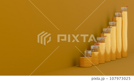 Growth of sales or growth of market basket or consumer price index concept. CPI. Shopping basket on coin stacks with copyspace. 3d illustration Growth of sales or growth of market basket or consumer price index concept. CPI. Shopping basket on coin stacks with copyspace. 3d illustration 107973025