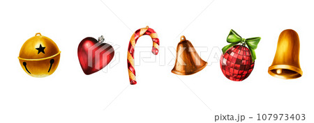 Watercolor christmas shiny balls, toys and golden bells illustrations. New year hand painted symbol isolated on white background. For designers, decoration, shop, for postcards, wrapping paper, covers Watercolor christmas shiny balls, toys and golden bells illustrations. New year hand painted symbol isolated on white background. For designers, decoration, shop, for postcards, wrapping paper, covers 107973403