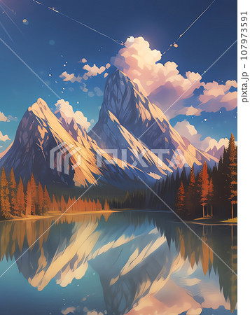 湖に反射する雪山 107973591